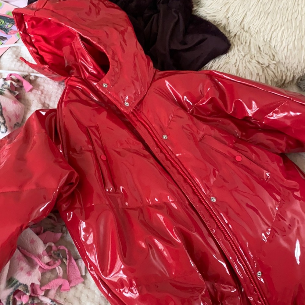 Iconic cherry red patent puffer